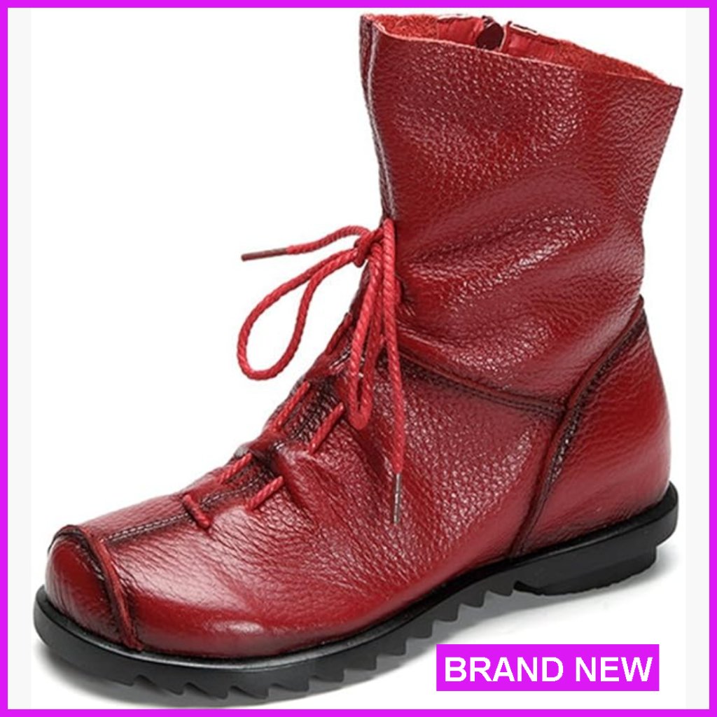Leather Ankle Boots Casual Soft Flat Round Toe Zipper Slip On Comfortable